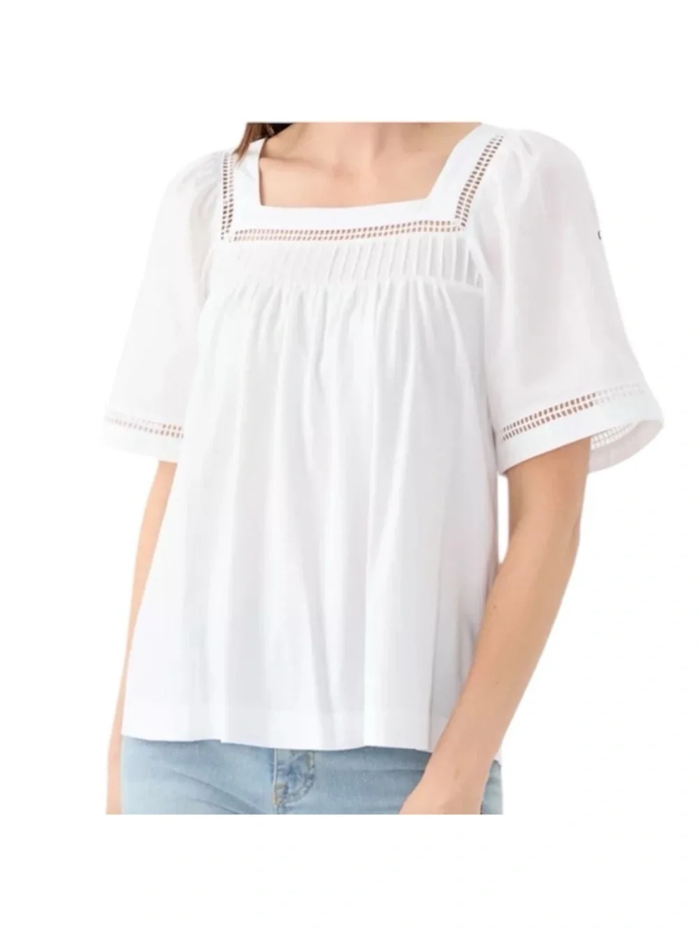 Banana Republic White Square-Neck Cotton Eyelet Trim Embroidered Blouse Medium
